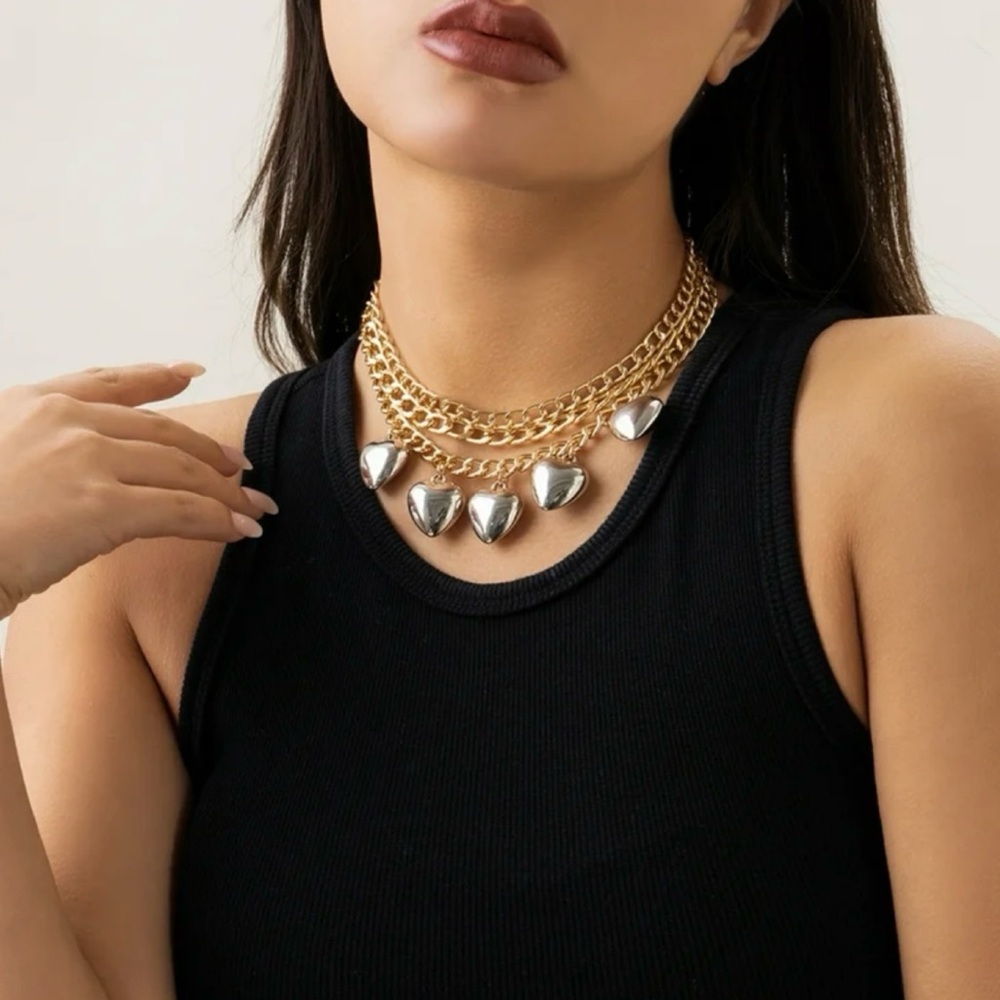 (NWT) UO • Gold/Silver Two-Toned Puffed Heart Pendant Chain Link Choker Necklace - Picture 9 of 9